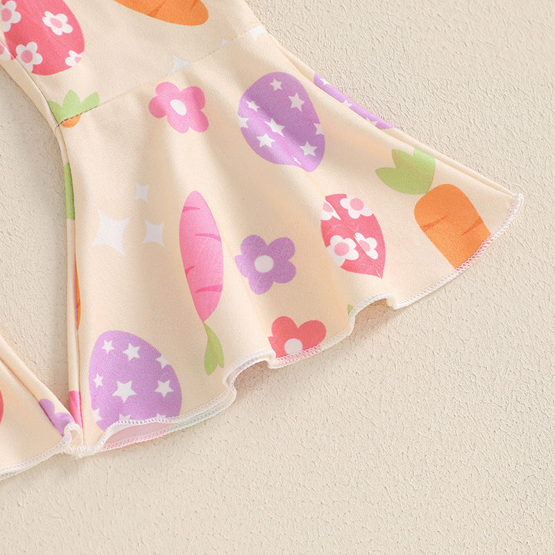 3-teiliges Baby-Mädchen-Set „Mein erstes Ostern“ – Bedruckter Langarm-Strampler, Schlaghose und Haarschleife