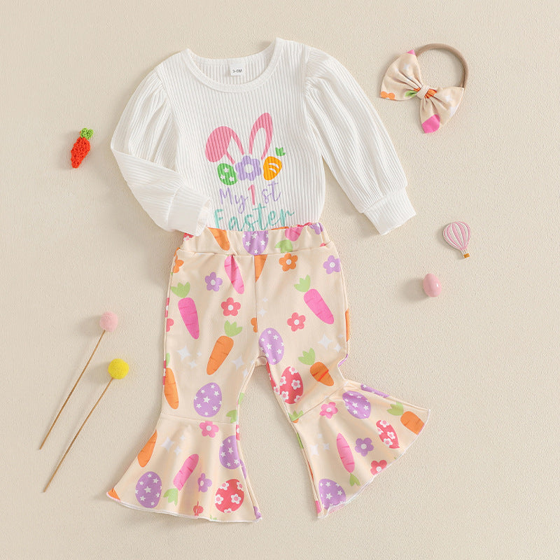 3-teiliges Baby-Mädchen-Set „Mein erstes Ostern“ – Bedruckter Langarm-Strampler, Schlaghose und Haarschleife