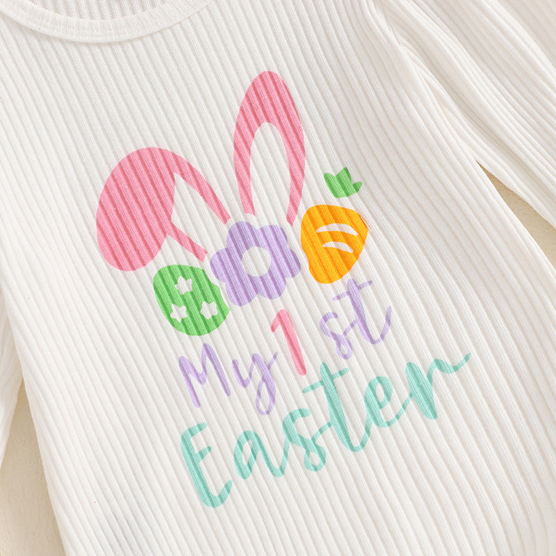 3-teiliges Baby-Mädchen-Set „Mein erstes Ostern“ – Bedruckter Langarm-Strampler, Schlaghose und Haarschleife