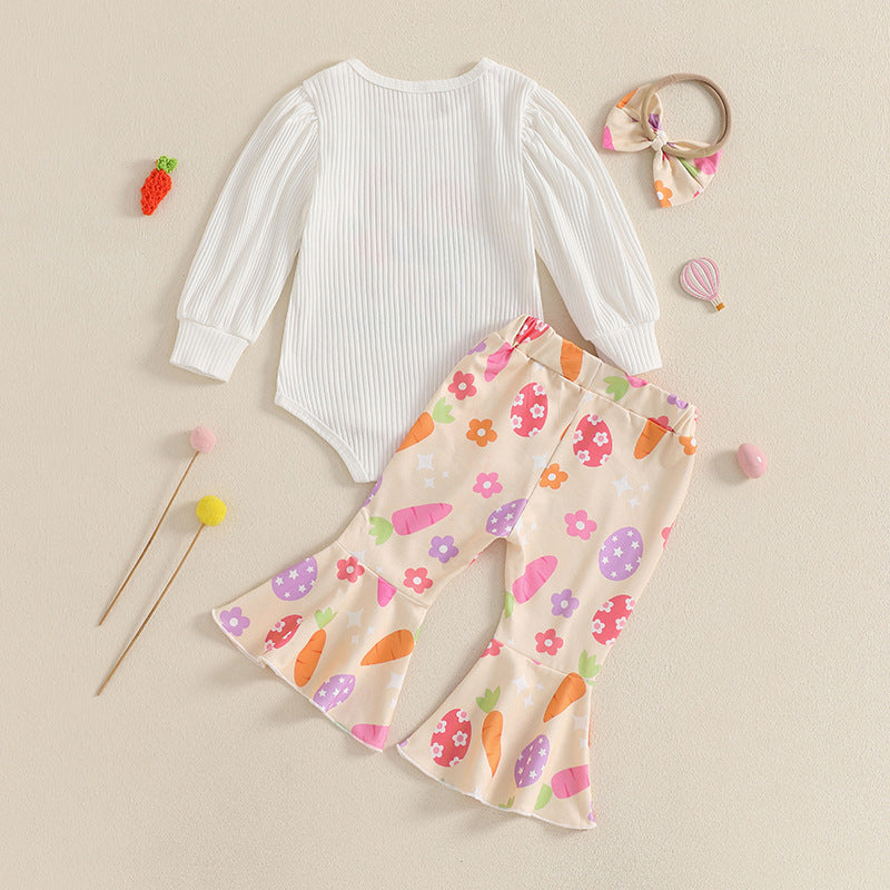 3-teiliges Baby-Mädchen-Set „Mein erstes Ostern“ – Bedruckter Langarm-Strampler, Schlaghose und Haarschleife