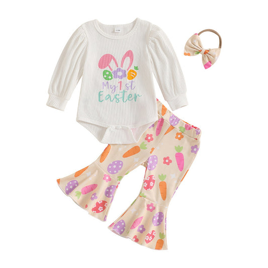 Oster-Outfit für Babys Mädchen – Langärmliger Strampler mit Buchstabenmuster, Schlaghose und passendes Stirnband