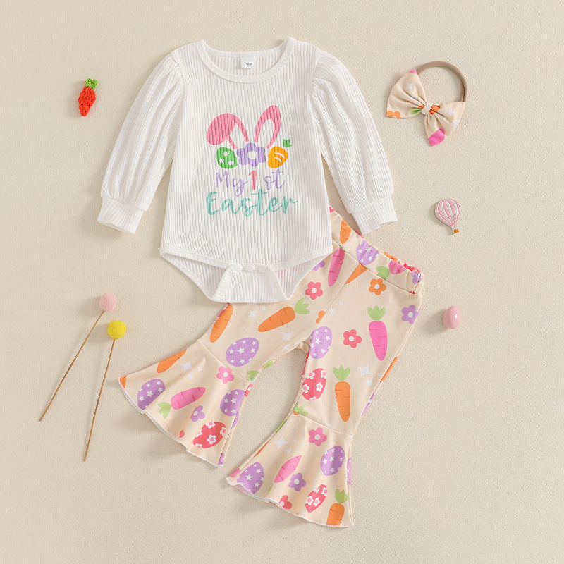 Oster-Outfit für Babys Mädchen – Langärmliger Strampler mit Buchstabenmuster, Schlaghose und passendes Stirnband
