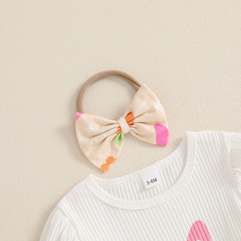 Oster-Outfit für Babys Mädchen – Langärmliger Strampler mit Buchstabenmuster, Schlaghose und passendes Stirnband