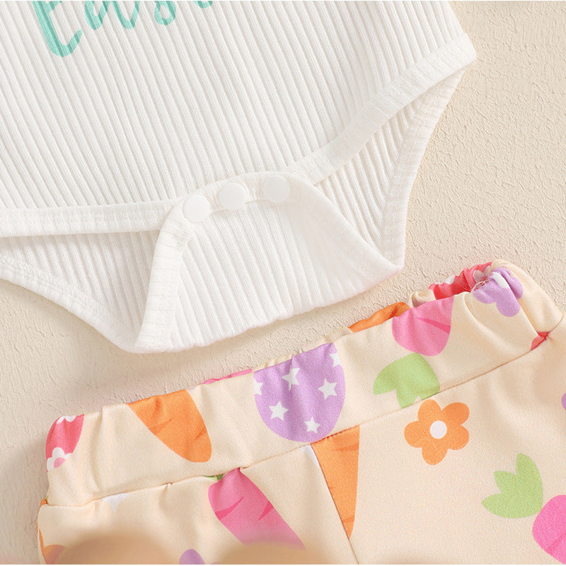 Oster-Outfit für Babys Mädchen – Langärmliger Strampler mit Buchstabenmuster, Schlaghose und passendes Stirnband