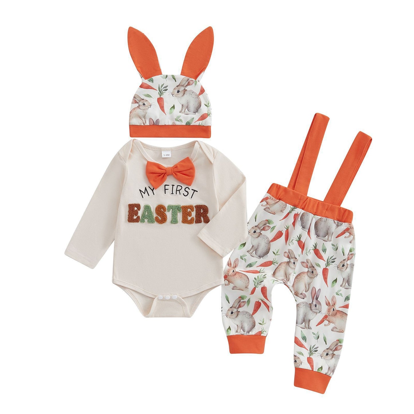 3-teiliges Oster-Outfit für Babys und Kleinkinder – Body mit aufgesticktem Buchstaben, Overall mit Häschen und Haar-Accessoire