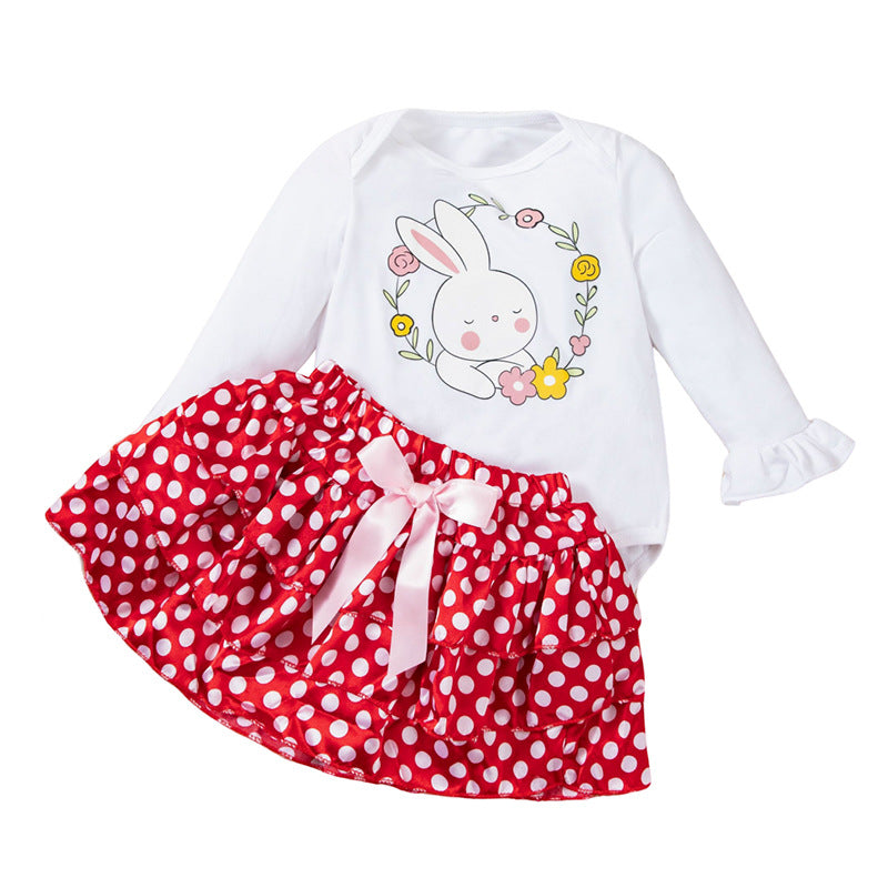 Oster-Outfit für Babys Mädchen – Langarm-Strampler mit Cartoon-Häschen und gepunktetem Rock, 2-teiliges Set