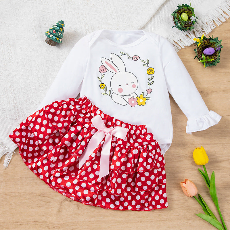 Oster-Outfit für Babys Mädchen – Langarm-Strampler mit Cartoon-Häschen und gepunktetem Rock, 2-teiliges Set