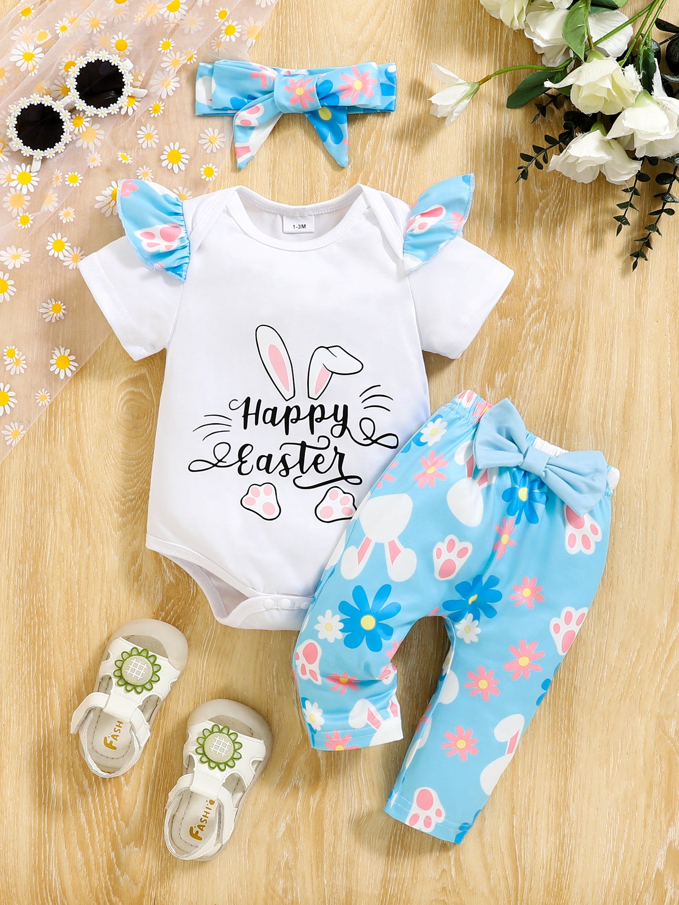 3-teiliges Oster-Outfit für Babymädchen – süßer Hasen-Strampler, bequeme Hose und Schleifen-Stirnband für den Sommer