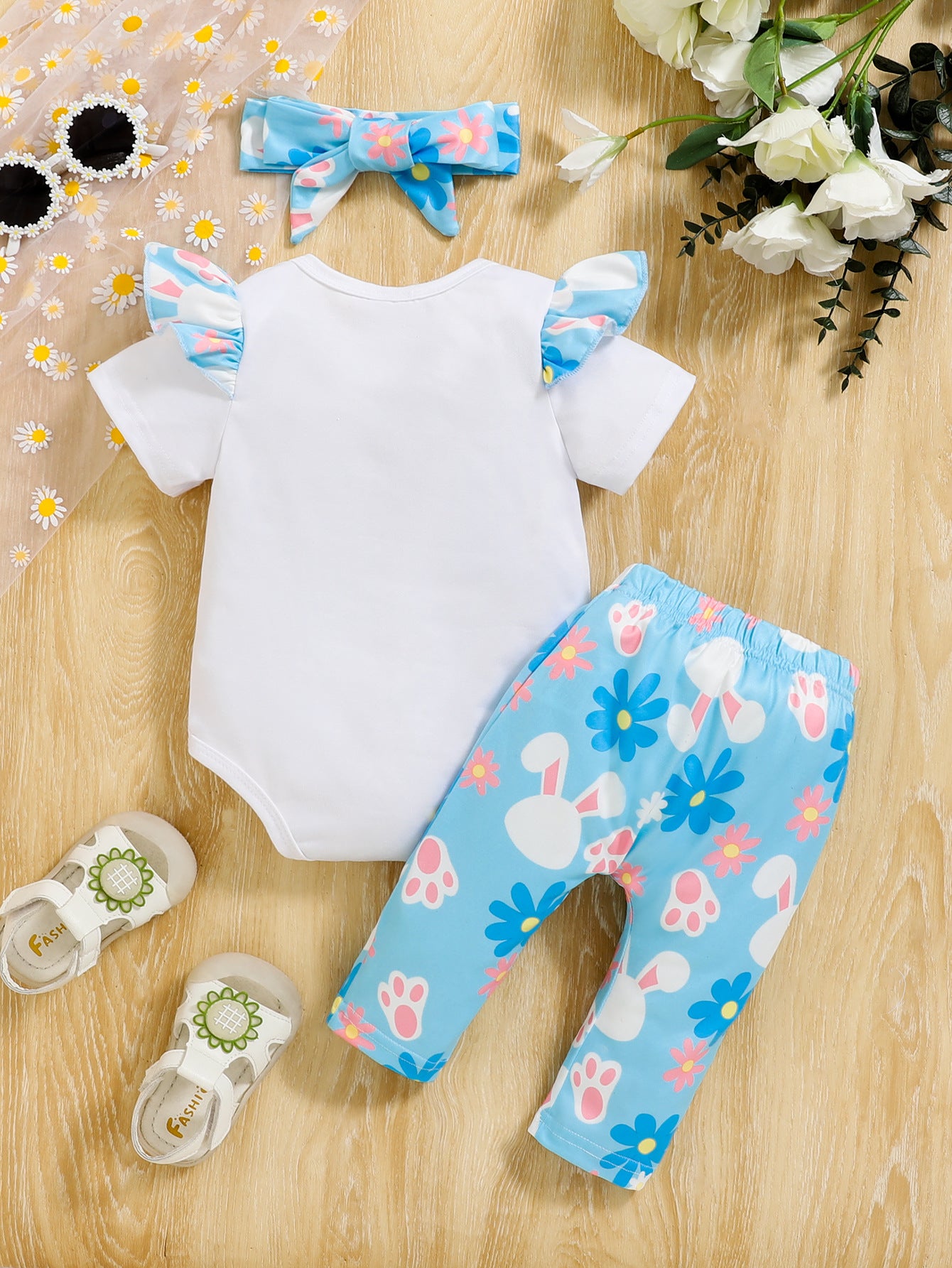 3-teiliges Oster-Outfit für Babymädchen – süßer Hasen-Strampler, bequeme Hose und Schleifen-Stirnband für den Sommer