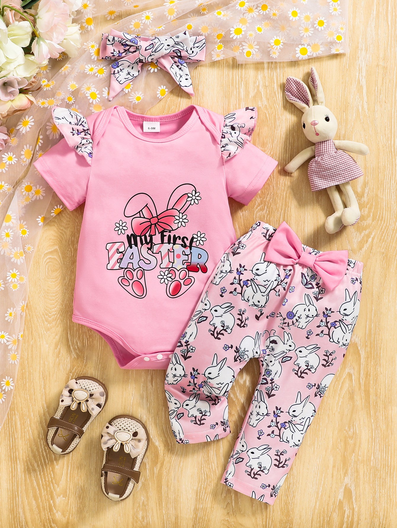 3-teiliges Oster-Outfit für Babymädchen – süßer Hasen-Strampler, bequeme Hose und Schleifen-Stirnband für den Sommer