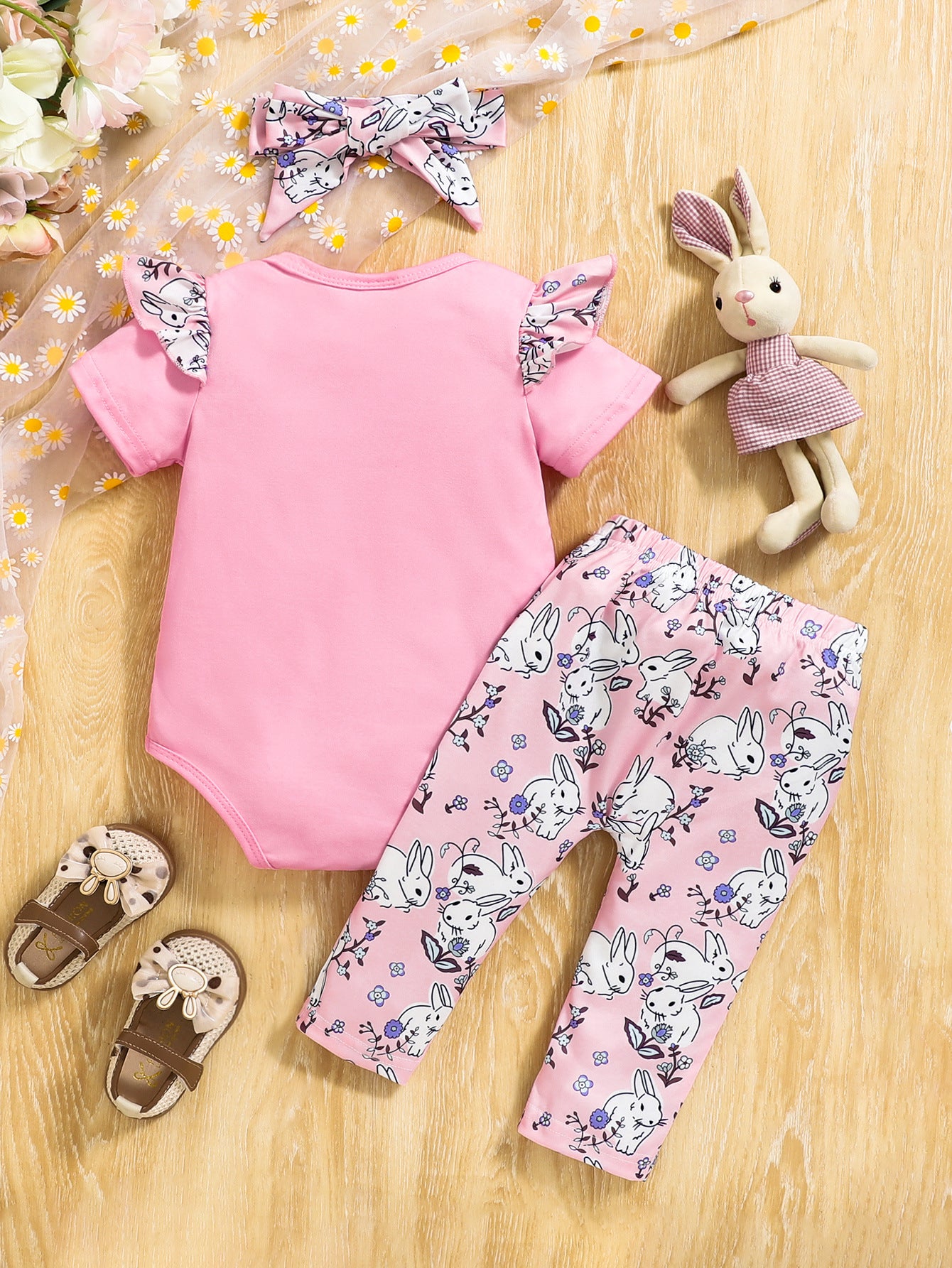 3-teiliges Oster-Outfit für Babymädchen – süßer Hasen-Strampler, bequeme Hose und Schleifen-Stirnband für den Sommer