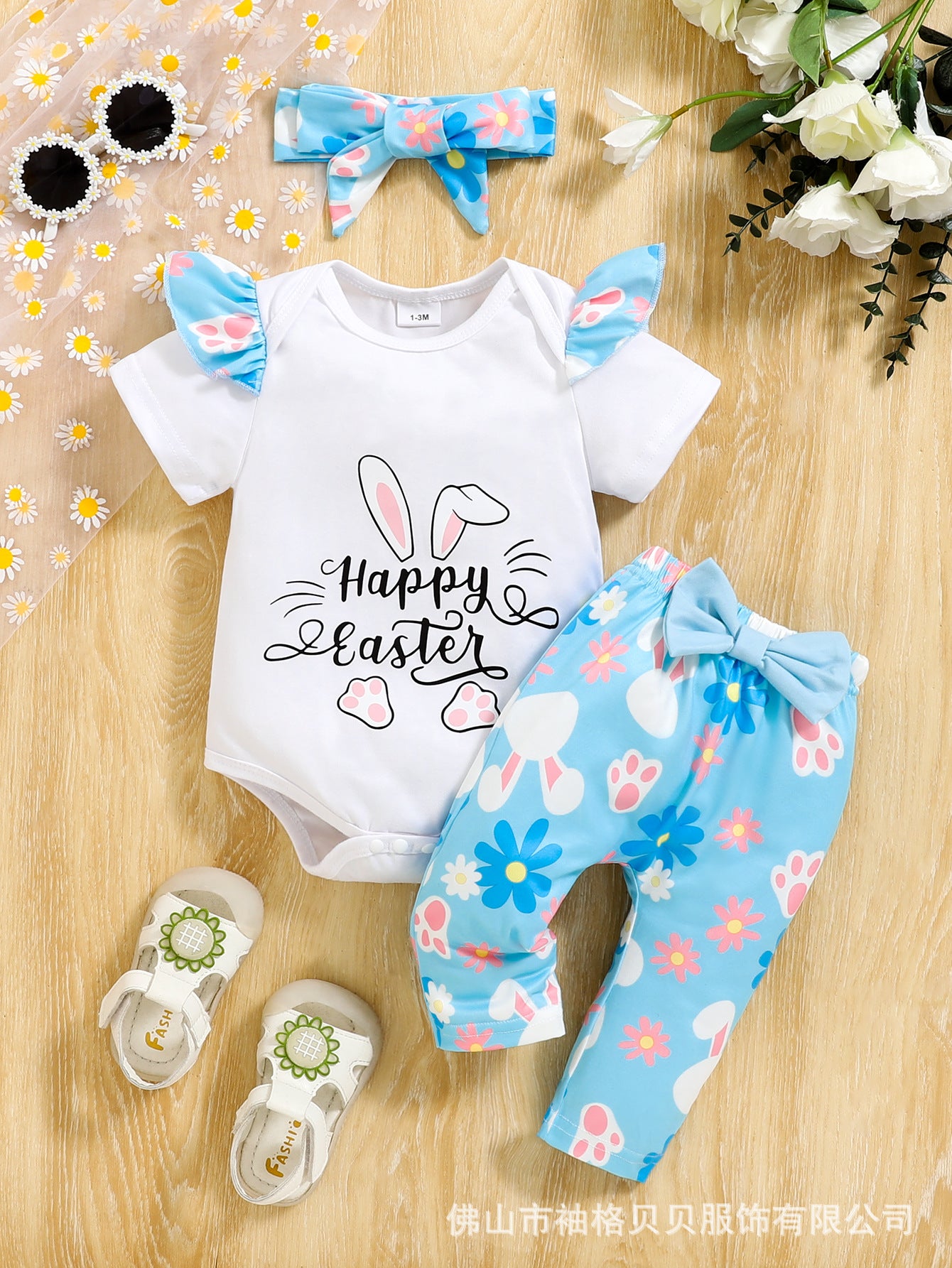 3-teiliges Oster-Outfit für Babymädchen – süßer Hasen-Strampler, bequeme Hose und Schleifen-Stirnband für den Sommer