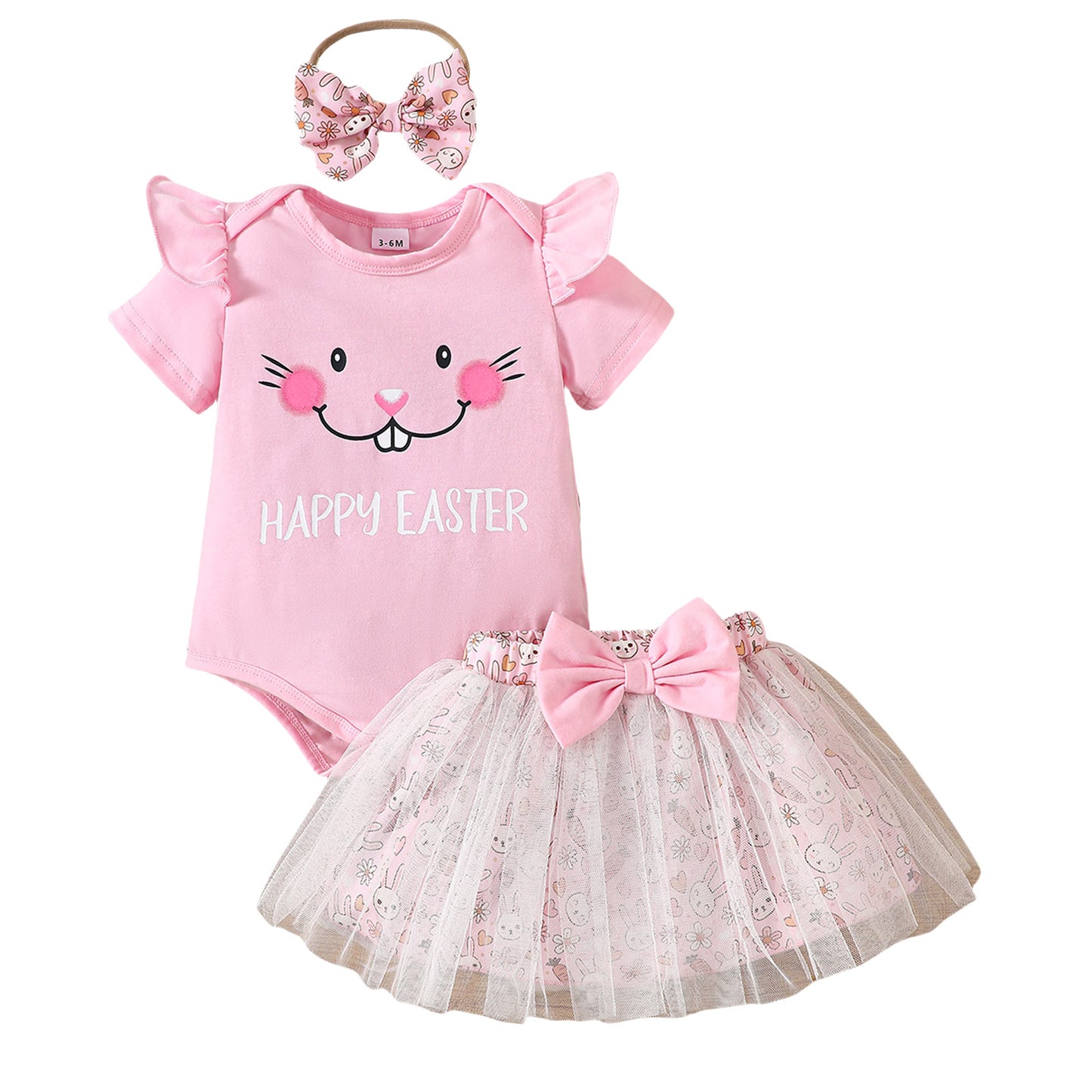 Oster-Outfit für Babys Mädchen – Hasen-Strampler und Netz-Tutu-Rock-Set mit Rüschenärmeln