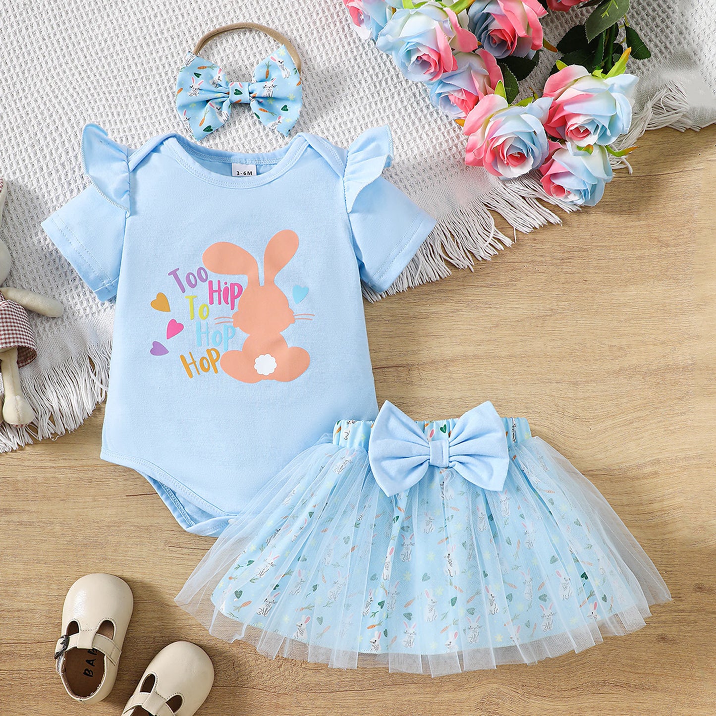 Oster-Outfit für Babys Mädchen – Hasen-Strampler und Netz-Tutu-Rock-Set mit Rüschenärmeln