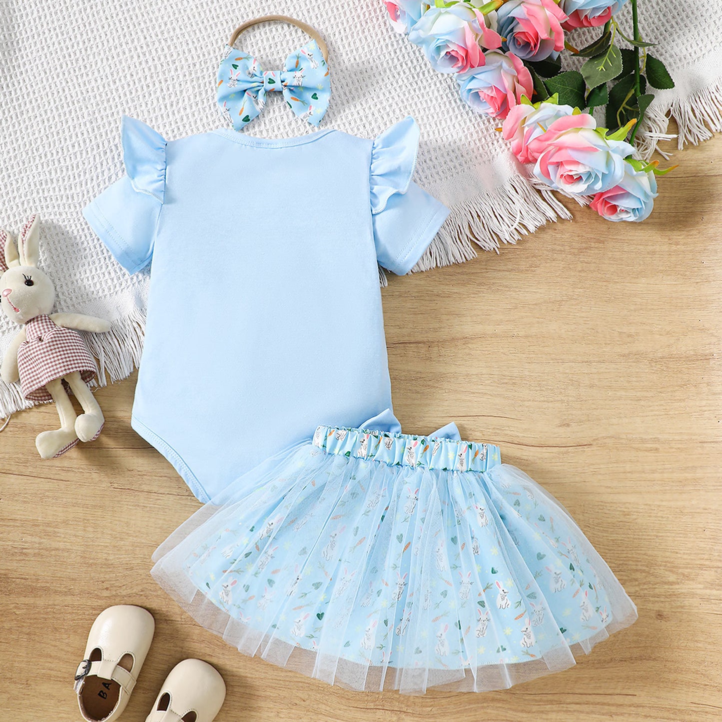 Oster-Outfit für Babys Mädchen – Hasen-Strampler und Netz-Tutu-Rock-Set mit Rüschenärmeln