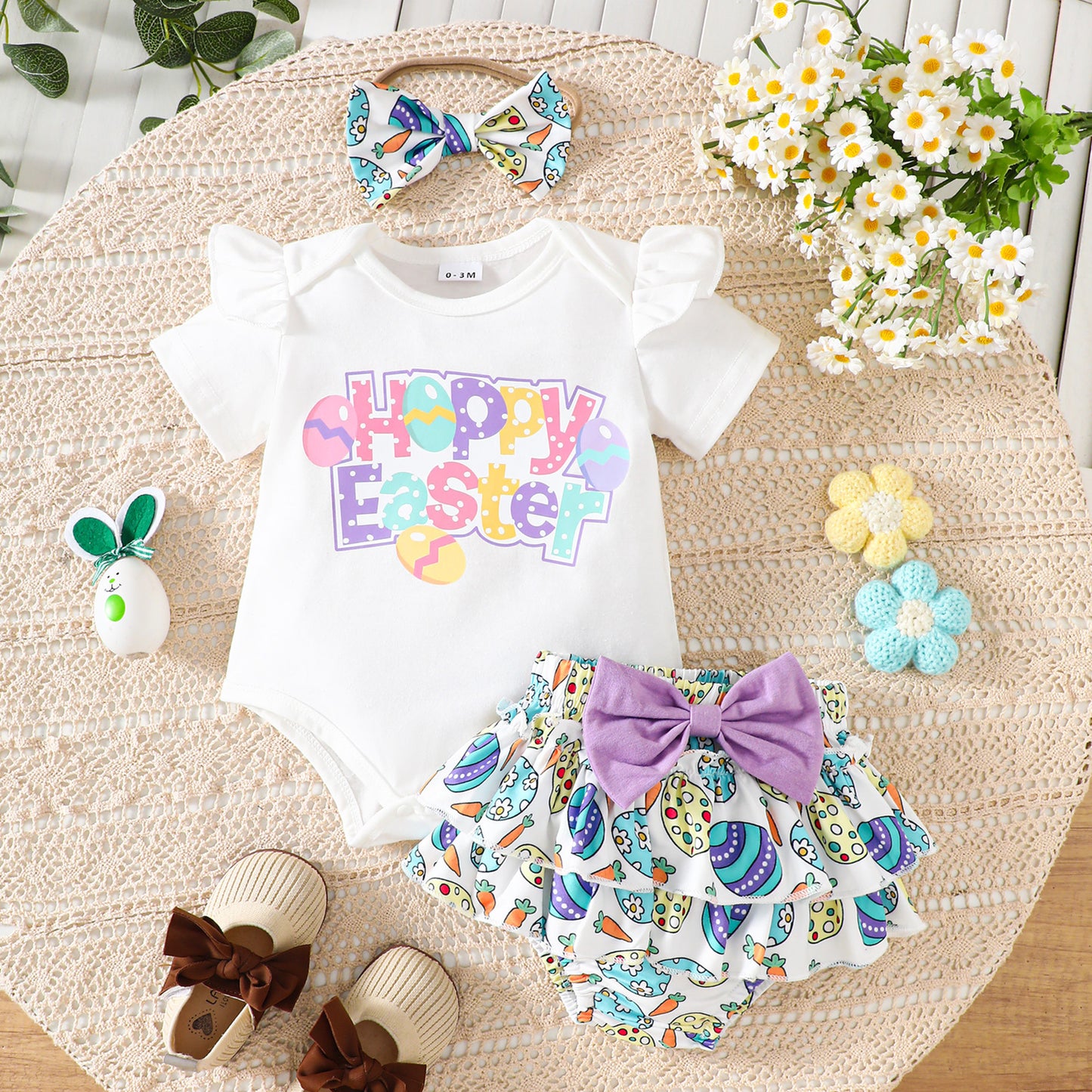 2025 Oster-Outfit für Baby-Mädchen – süßes Strampler-Set mit Buchstaben- und Eier-Print für Säuglinge und Kleinkinder