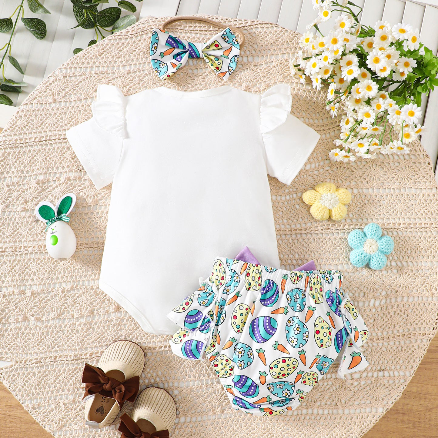 2025 Oster-Outfit für Baby-Mädchen – süßes Strampler-Set mit Buchstaben- und Eier-Print für Säuglinge und Kleinkinder