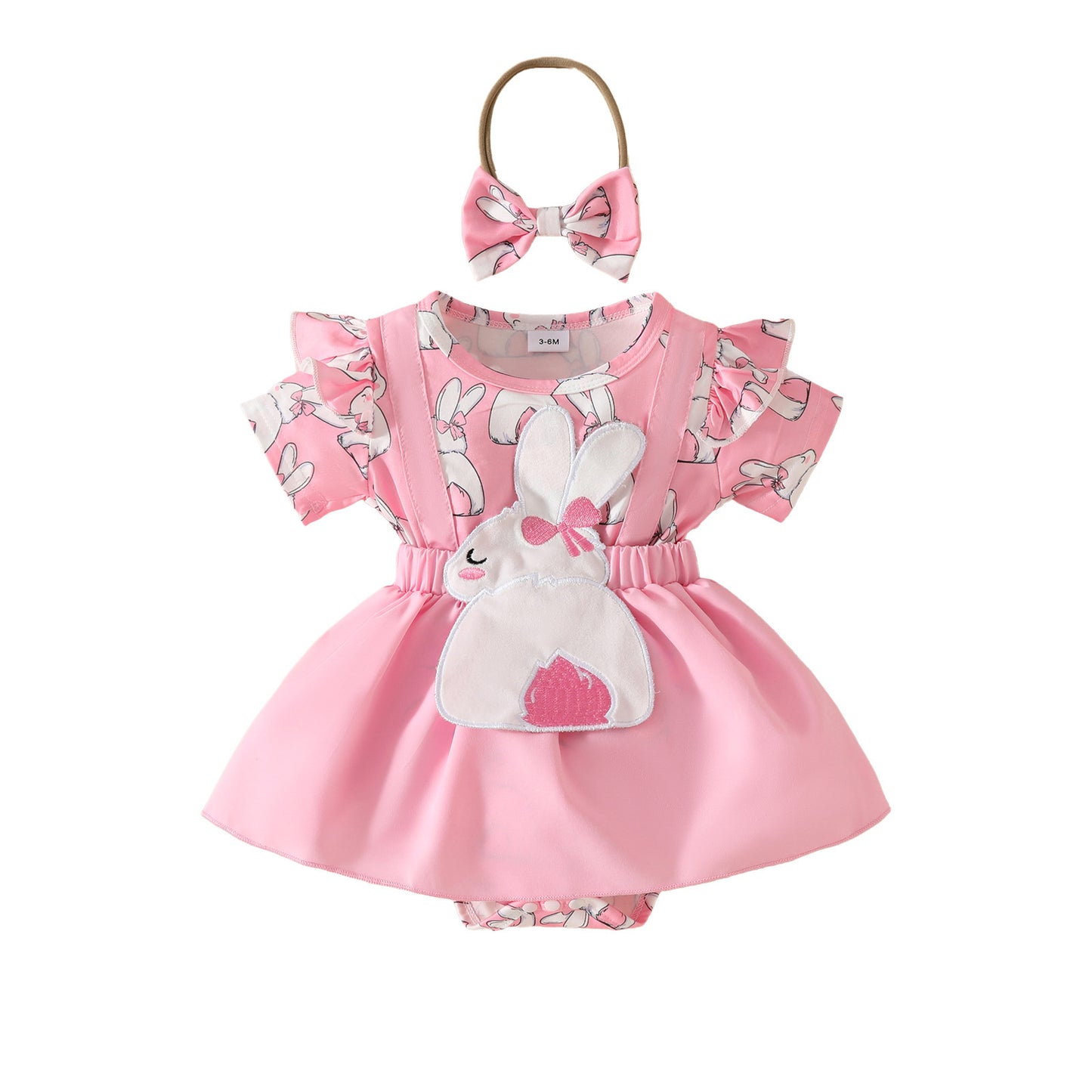 2025 Oster-Outfit für Baby-Mädchen – kurzärmliges Stramplerkleid mit Hosenträgern und Stirnband