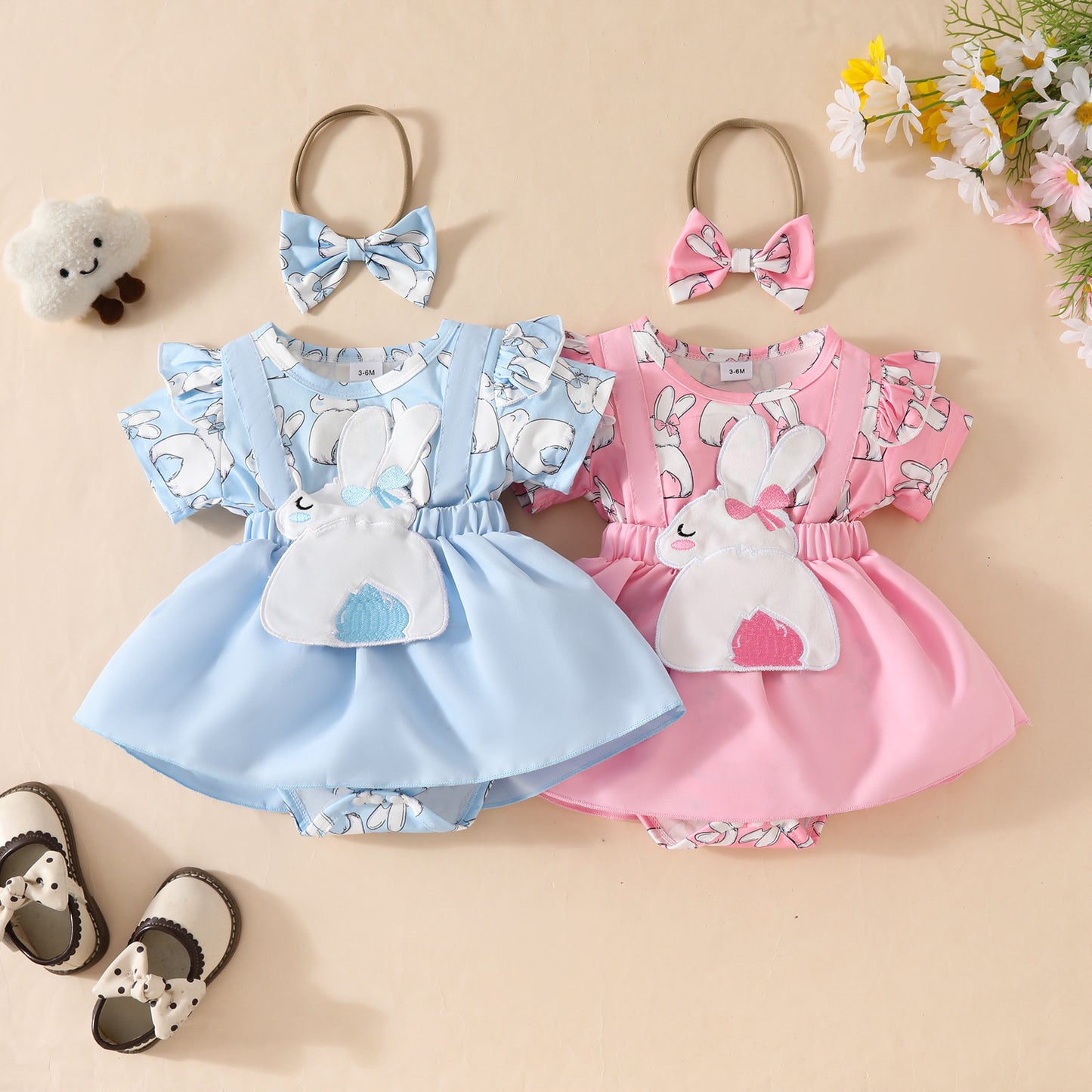 2025 Oster-Outfit für Baby-Mädchen – kurzärmliges Stramplerkleid mit Hosenträgern und Stirnband