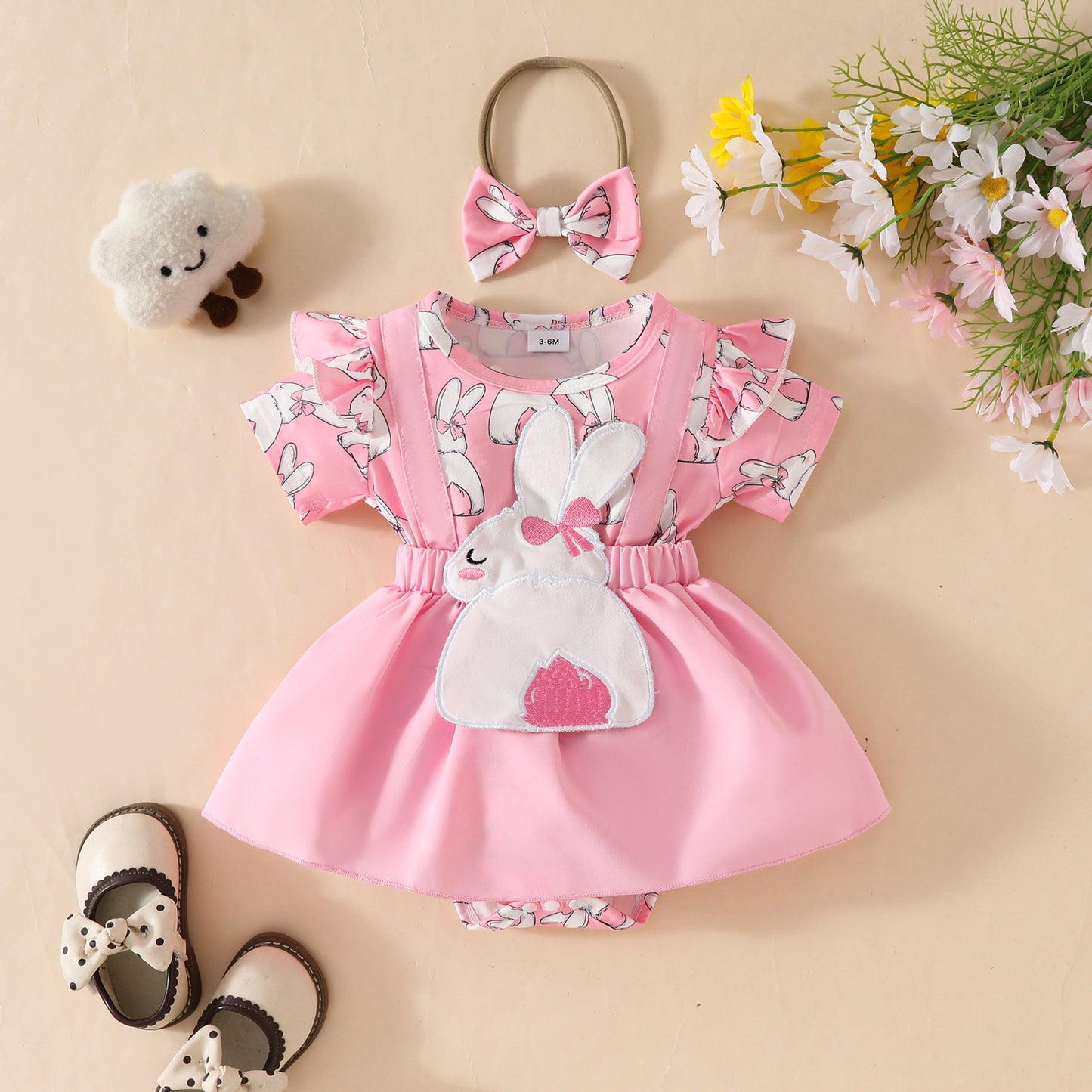 2025 Oster-Outfit für Baby-Mädchen – kurzärmliges Stramplerkleid mit Hosenträgern und Stirnband