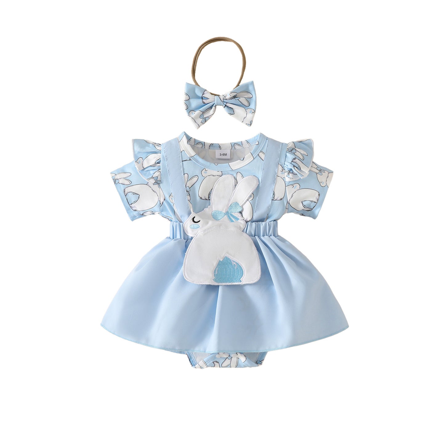 2025 Oster-Outfit für Baby-Mädchen – kurzärmliges Stramplerkleid mit Hosenträgern und Stirnband