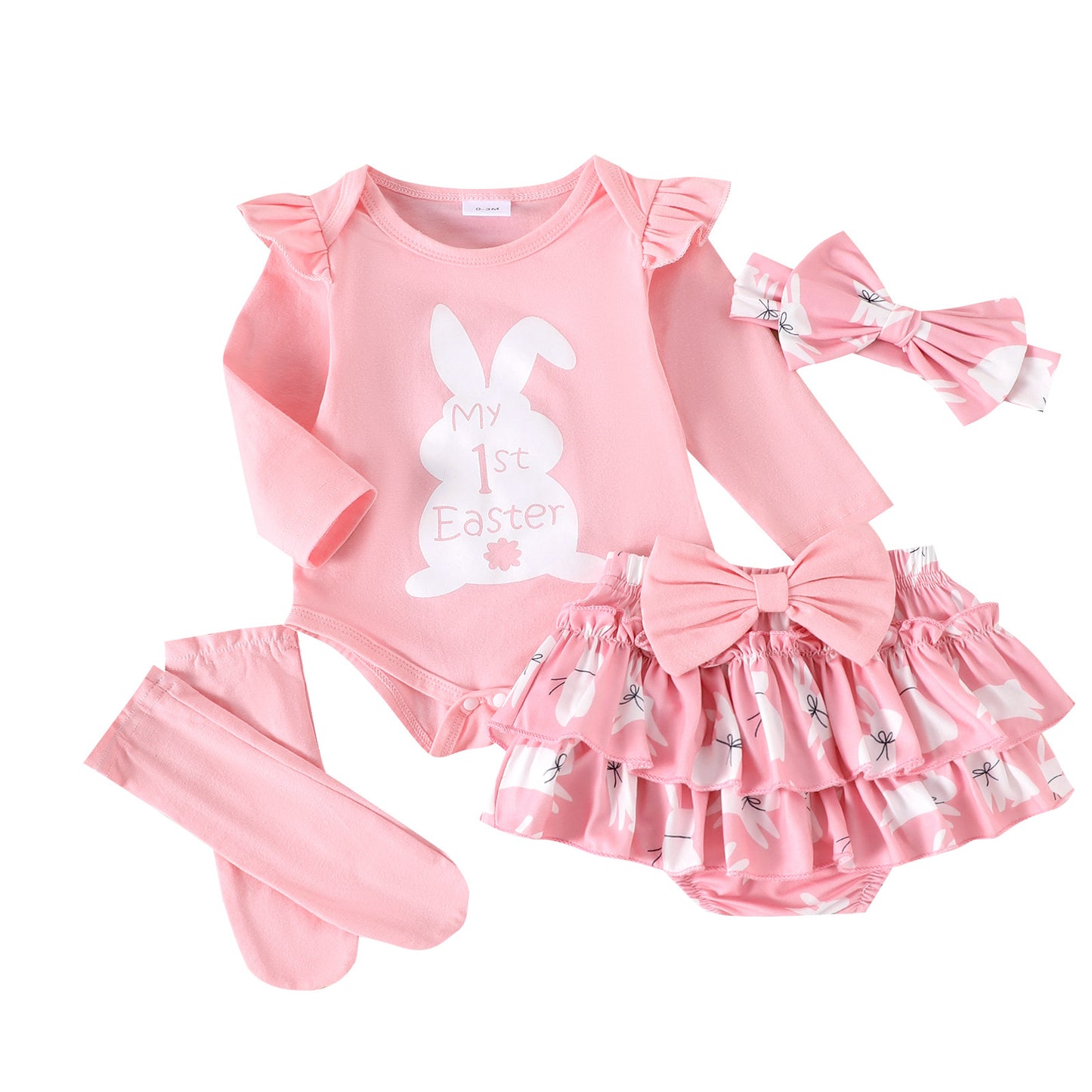 4-teiliges Oster-Outfit-Set für Babymädchen – Hasen-Strampler, Rock mit Schleife, Socken und Stirnband