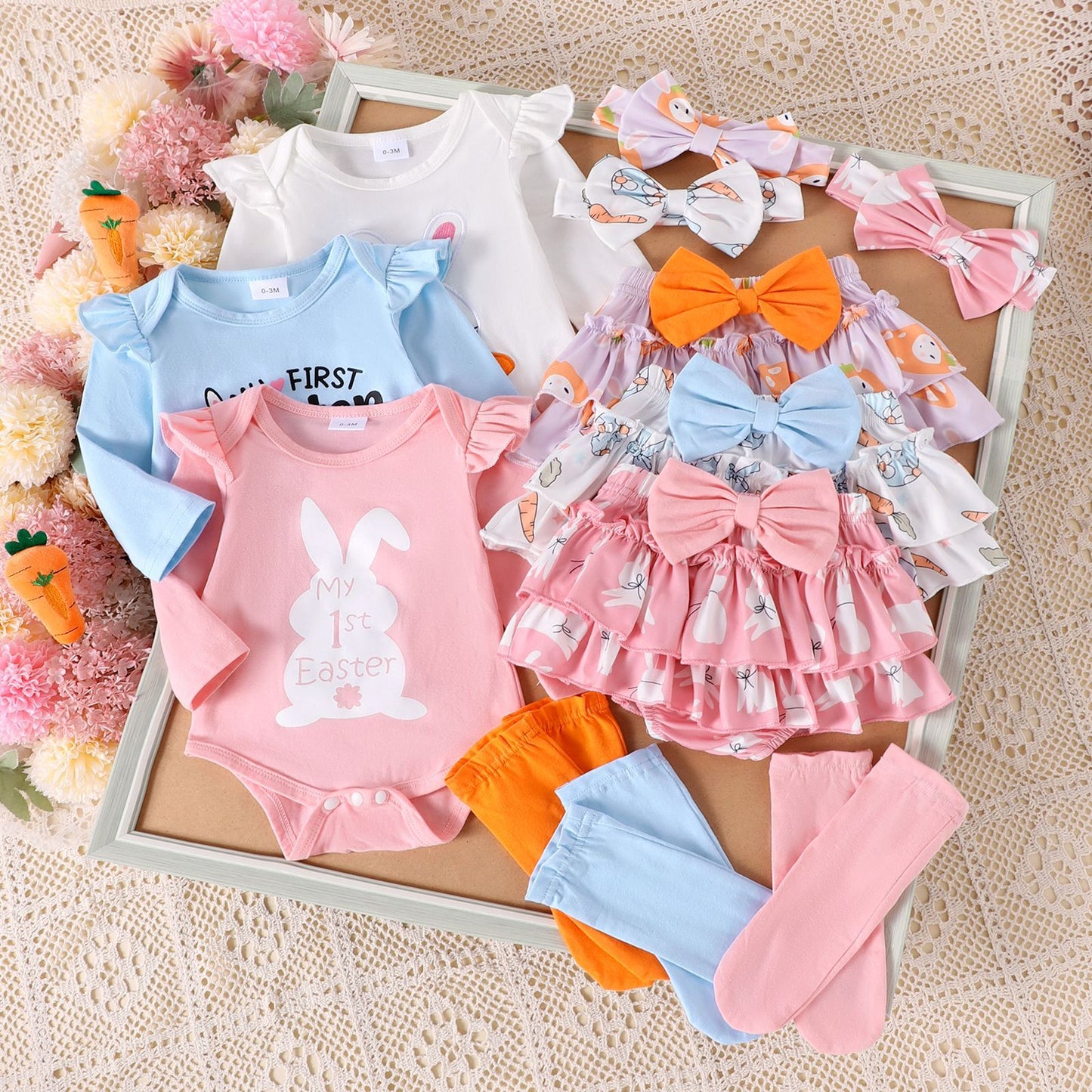 4-teiliges Oster-Outfit-Set für Babymädchen – Hasen-Strampler, Rock mit Schleife, Socken und Stirnband