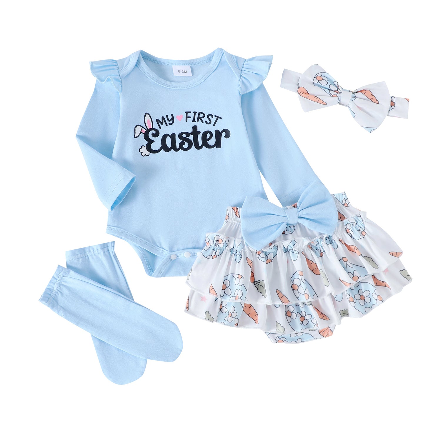 4-teiliges Oster-Outfit-Set für Babymädchen – Hasen-Strampler, Rock mit Schleife, Socken und Stirnband
