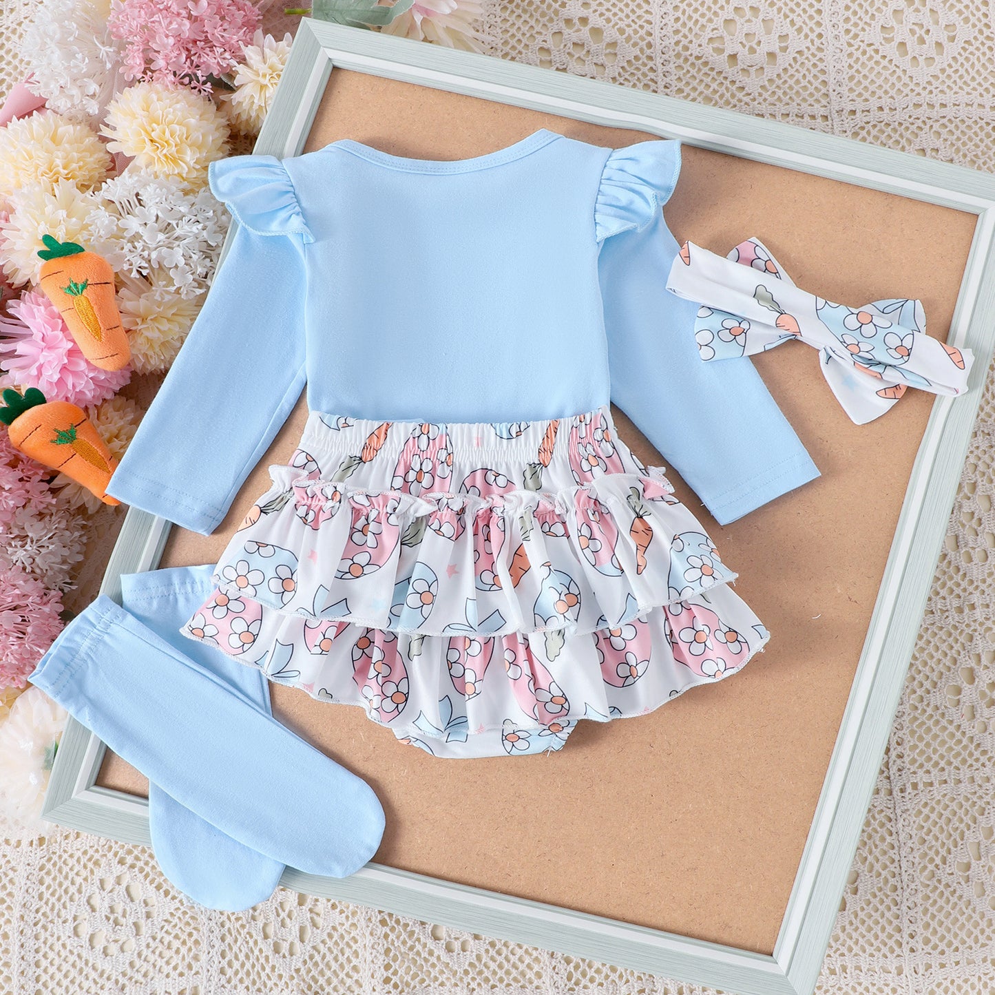 4-teiliges Oster-Outfit-Set für Babymädchen – Hasen-Strampler, Rock mit Schleife, Socken und Stirnband