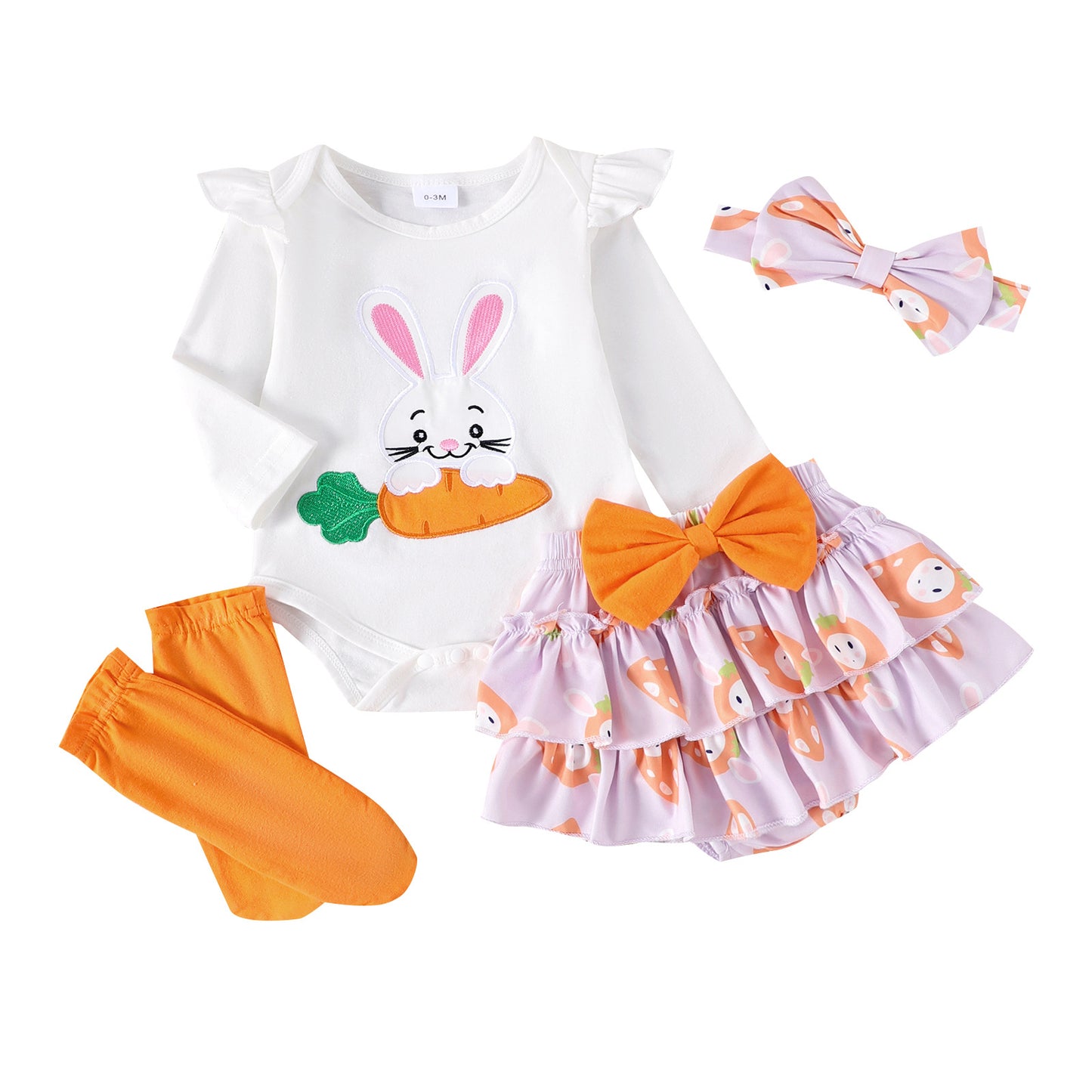 4-teiliges Oster-Outfit-Set für Babymädchen – Hasen-Strampler, Rock mit Schleife, Socken und Stirnband