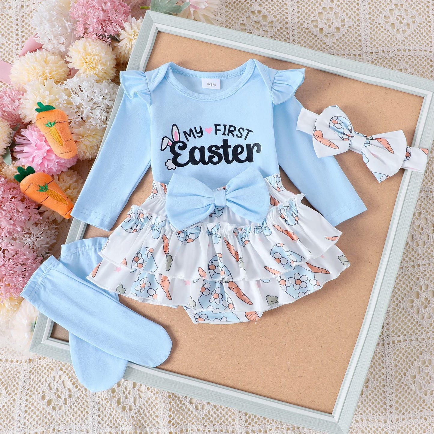 4-teiliges Oster-Outfit-Set für Babymädchen – Hasen-Strampler, Rock mit Schleife, Socken und Stirnband