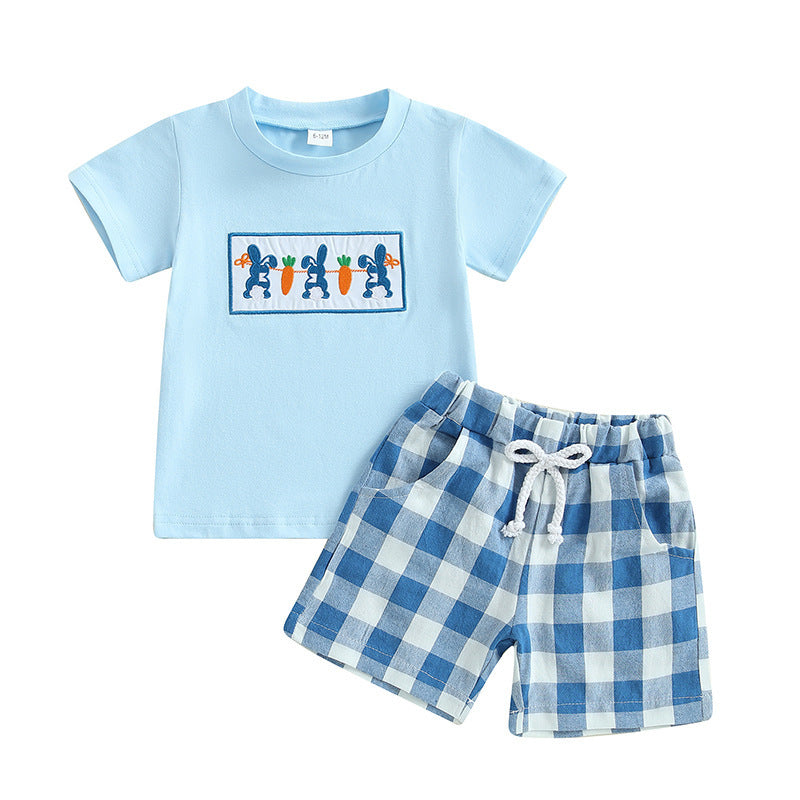 Entzückendes kariertes Oster-Outfit für Babys Jungen – 2-teiliges Set mit Hasen- und Karotten-Patch-Stickerei