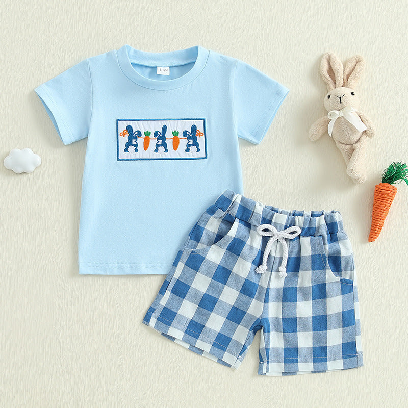 Entzückendes kariertes Oster-Outfit für Babys Jungen – 2-teiliges Set mit Hasen- und Karotten-Patch-Stickerei