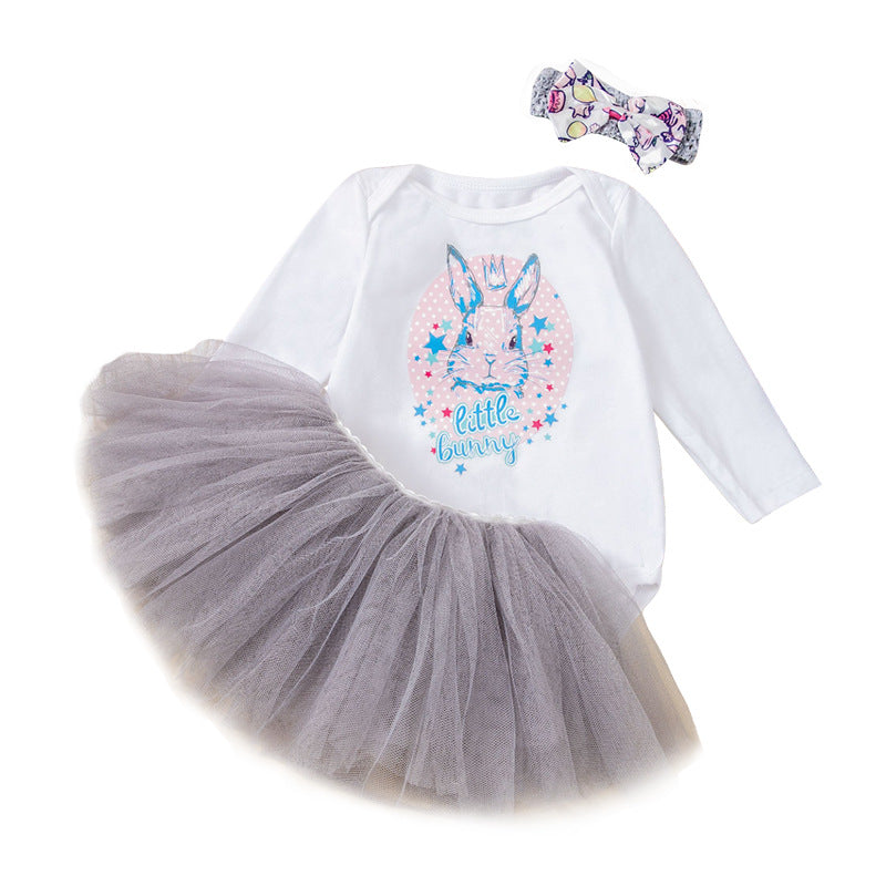 3-teiliges Oster-Outfit-Set für Babys, Mädchen – Langarm-Strampler mit Hasen-Print, grauem Tutu-Rock und Stirnband