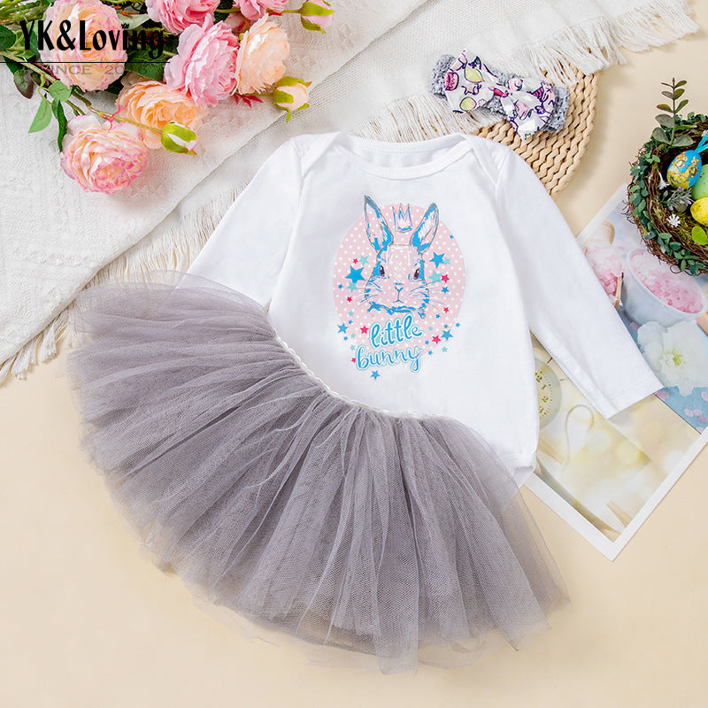 3-teiliges Oster-Outfit-Set für Babys, Mädchen – Langarm-Strampler mit Hasen-Print, grauem Tutu-Rock und Stirnband