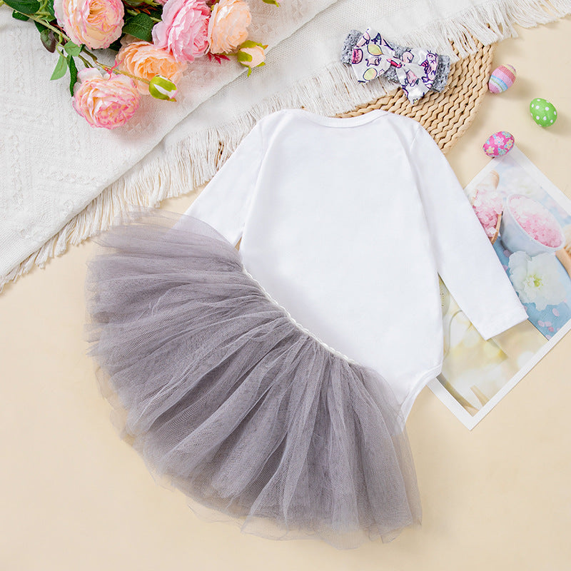 3-teiliges Oster-Outfit-Set für Babys, Mädchen – Langarm-Strampler mit Hasen-Print, grauem Tutu-Rock und Stirnband