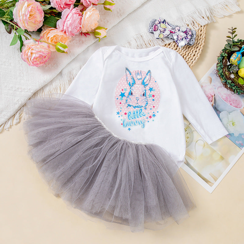 3-teiliges Oster-Outfit-Set für Babys, Mädchen – Langarm-Strampler mit Hasen-Print, grauem Tutu-Rock und Stirnband