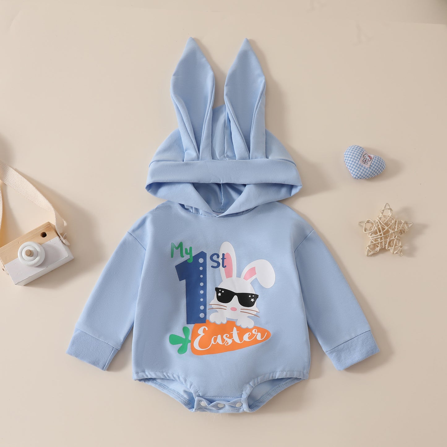 Baby-Spielanzug mit Kapuze und Osterhasen-Print für Mädchen – Langarm-Overall mit Bommelschwanz