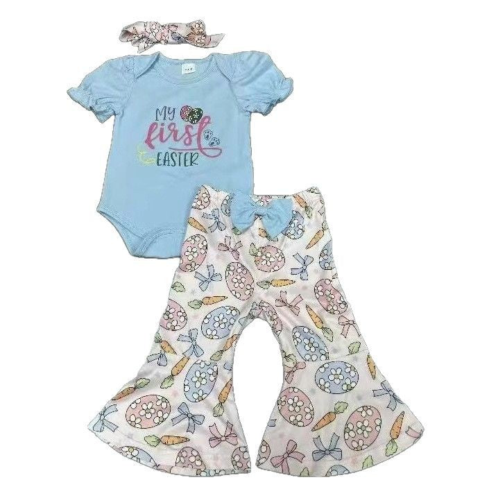 Trendiges 3-teiliges Sommerset für Babys und Mädchen – bedruckter Kurzarm-Body, Schlaghose und Stirnband mit Schleife