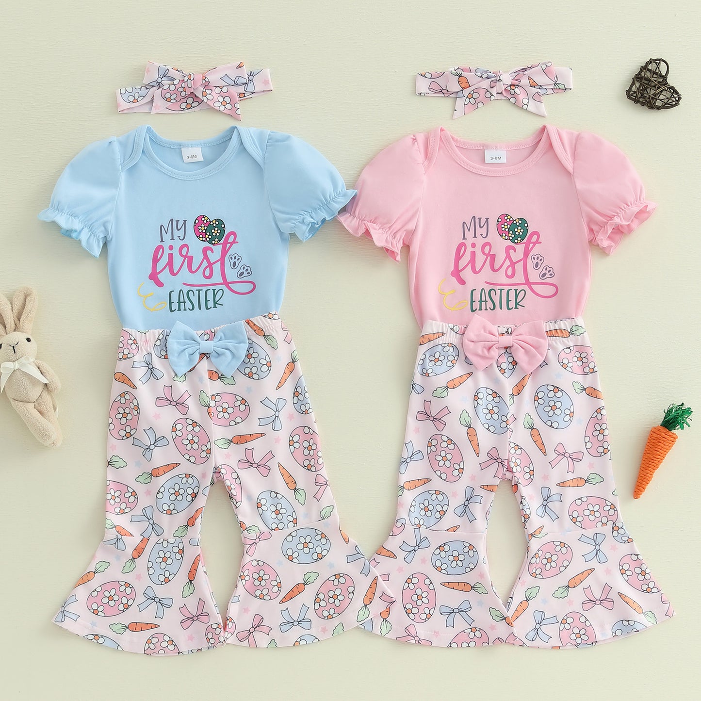 Trendiges 3-teiliges Sommerset für Babys und Mädchen – bedruckter Kurzarm-Body, Schlaghose und Stirnband mit Schleife