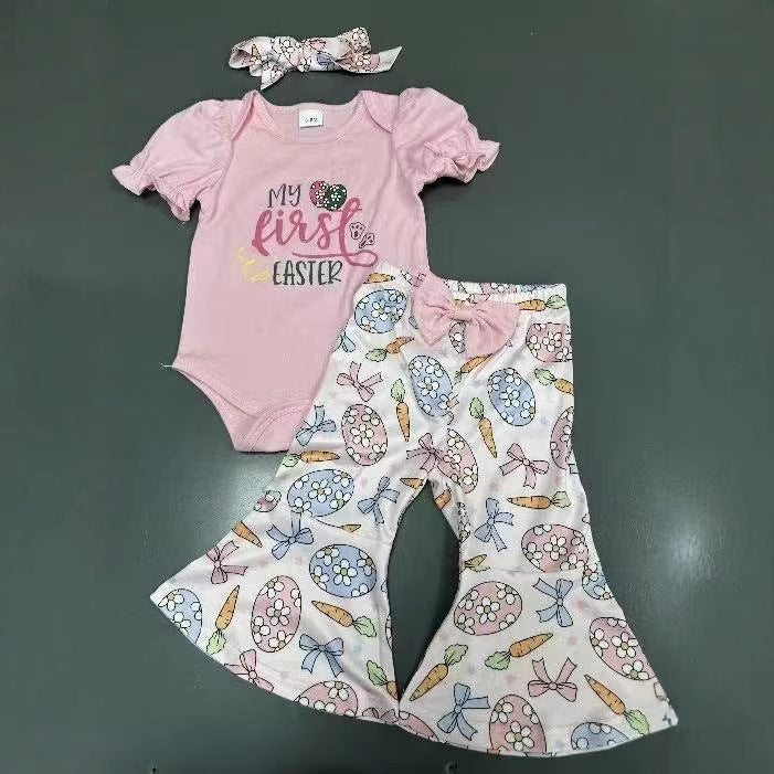 Trendiges 3-teiliges Sommerset für Babys und Mädchen – bedruckter Kurzarm-Body, Schlaghose und Stirnband mit Schleife