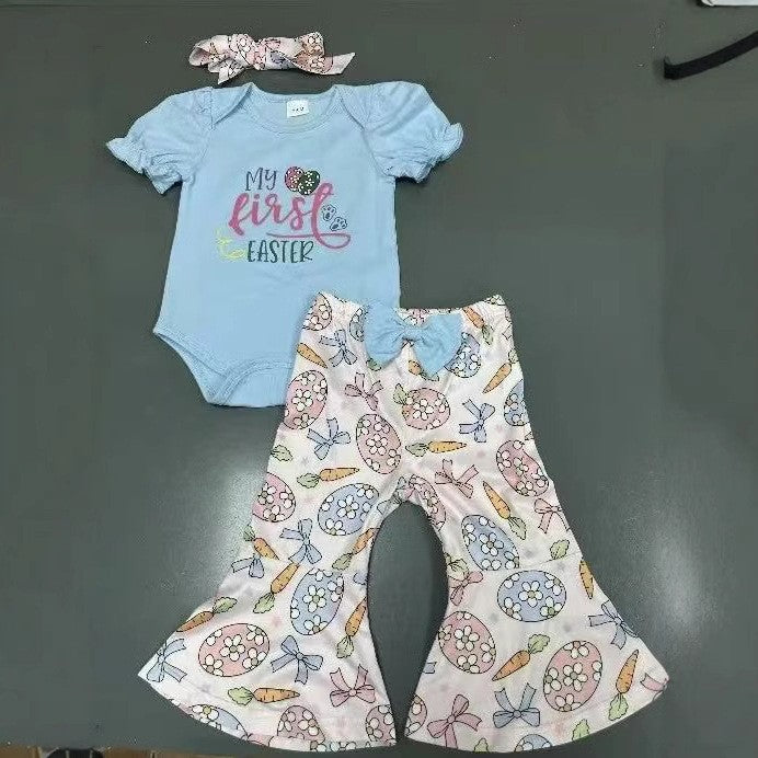 Trendiges 3-teiliges Sommerset für Babys und Mädchen – bedruckter Kurzarm-Body, Schlaghose und Stirnband mit Schleife