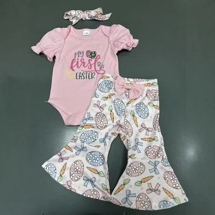 Trendiges 3-teiliges Sommerset für Babys und Mädchen – bedruckter Kurzarm-Body, Schlaghose und Stirnband mit Schleife