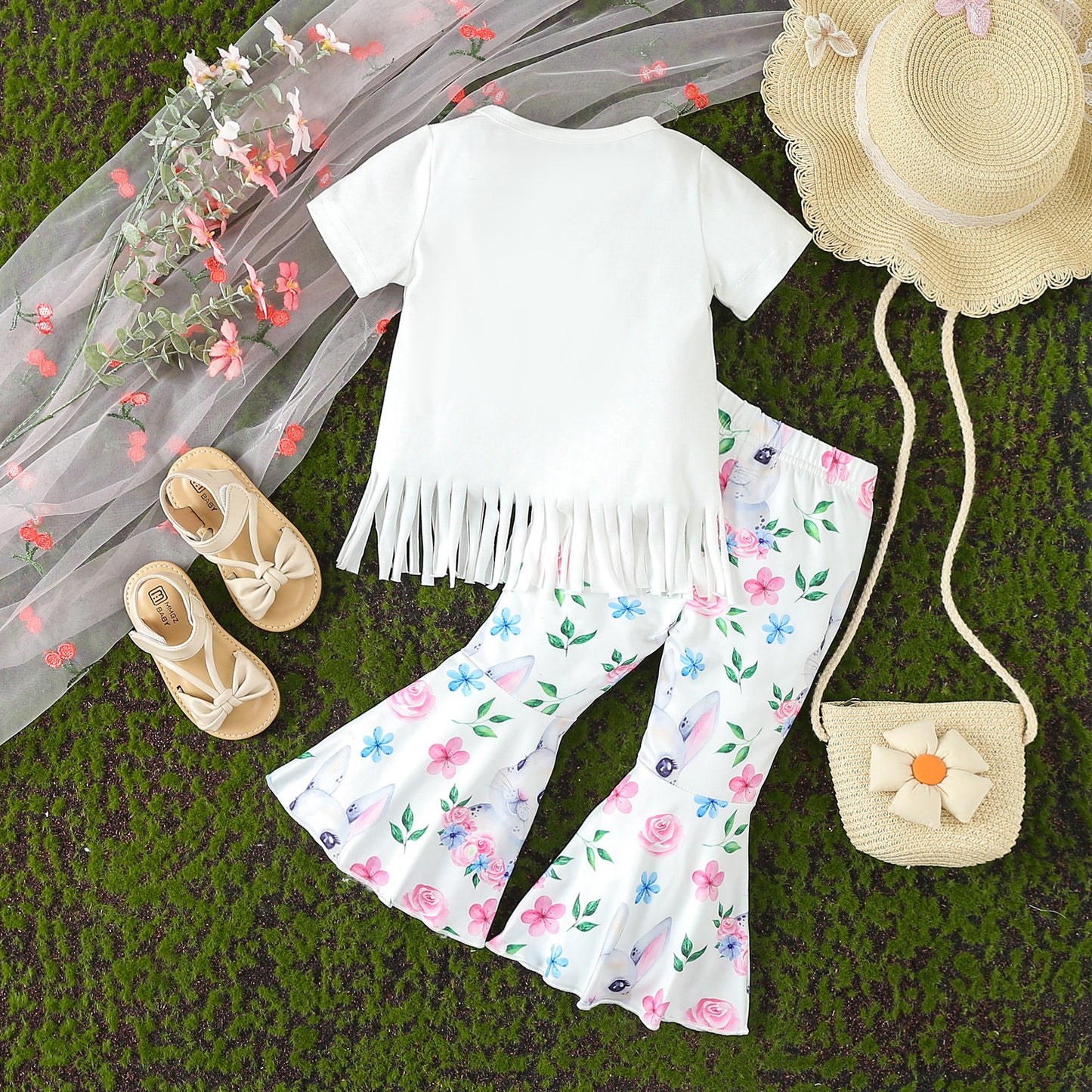 Entzückendes Osterhasen-Set für Mädchen – T-Shirt mit Cartoon-Quaste und Schlaghose für Frühlings-/Sommerspaß