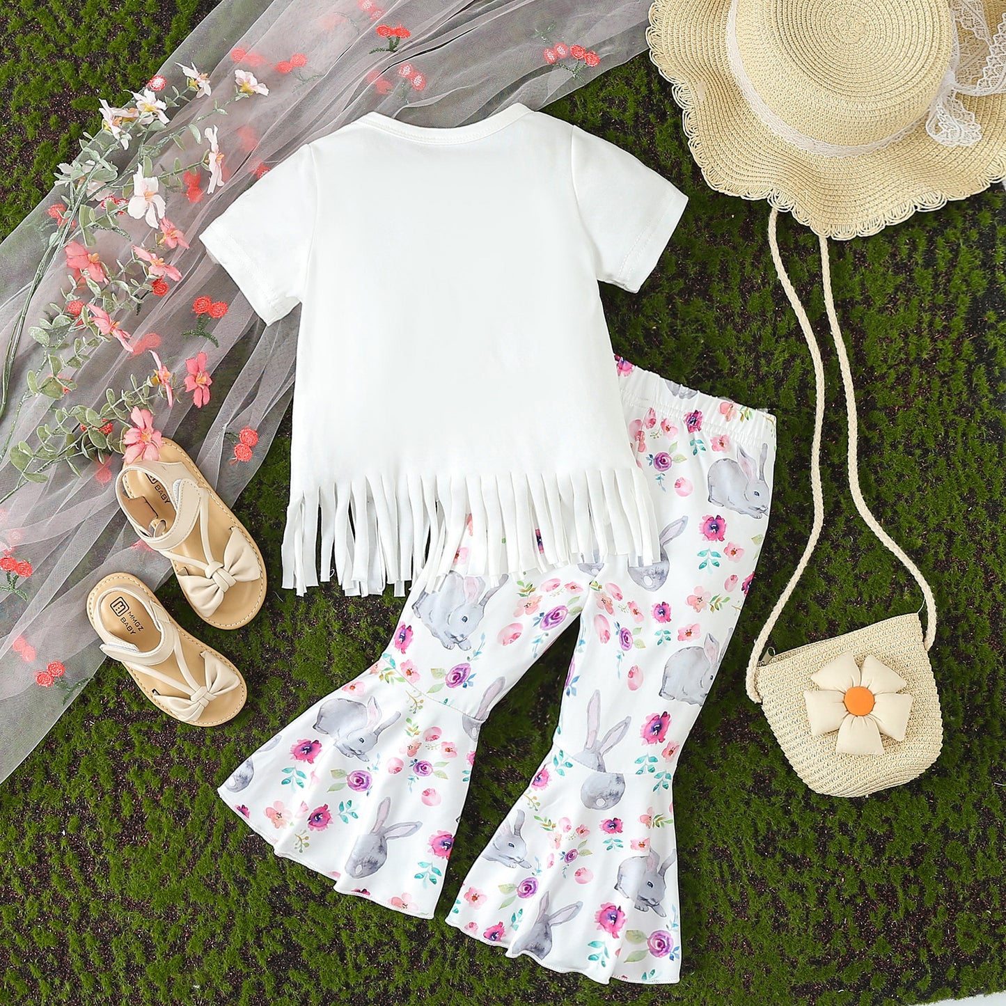 Entzückendes Osterhasen-Set für Mädchen – T-Shirt mit Cartoon-Quaste und Schlaghose für Frühlings-/Sommerspaß