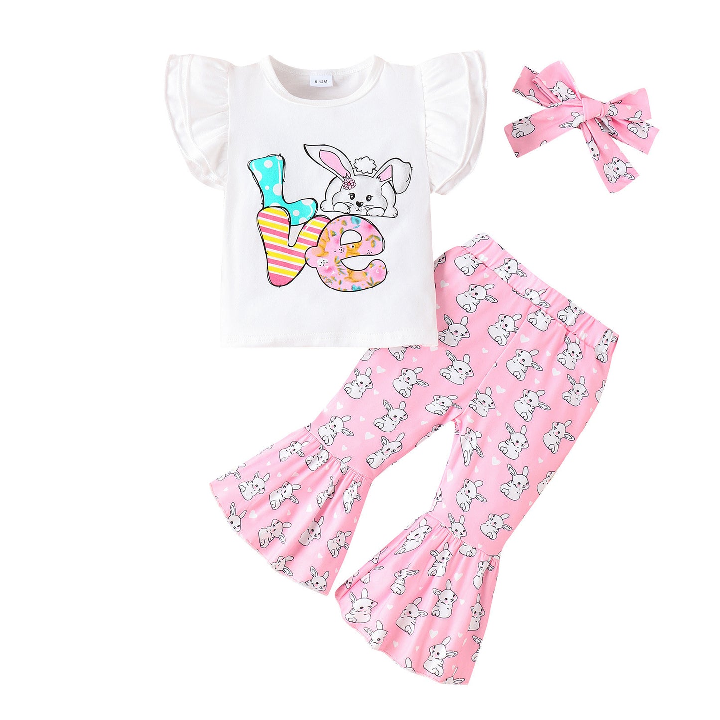 3-teiliges Set für Mädchen – Weißes Flattertop und mehrfarbige Schlaghose mit Häschenmotiv