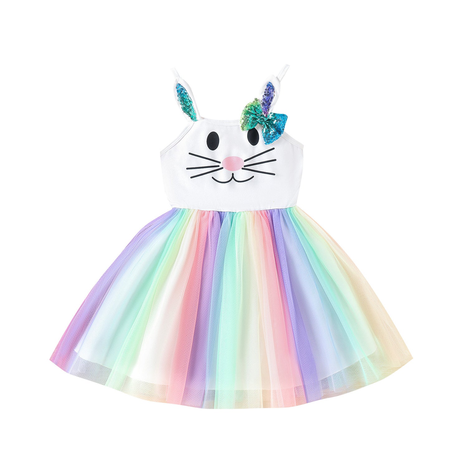 Osterhasen-Prinzessinnenkleid – Mädchen-Sommerkleid mit Spaghettiträgern & Regenbogen-Netz