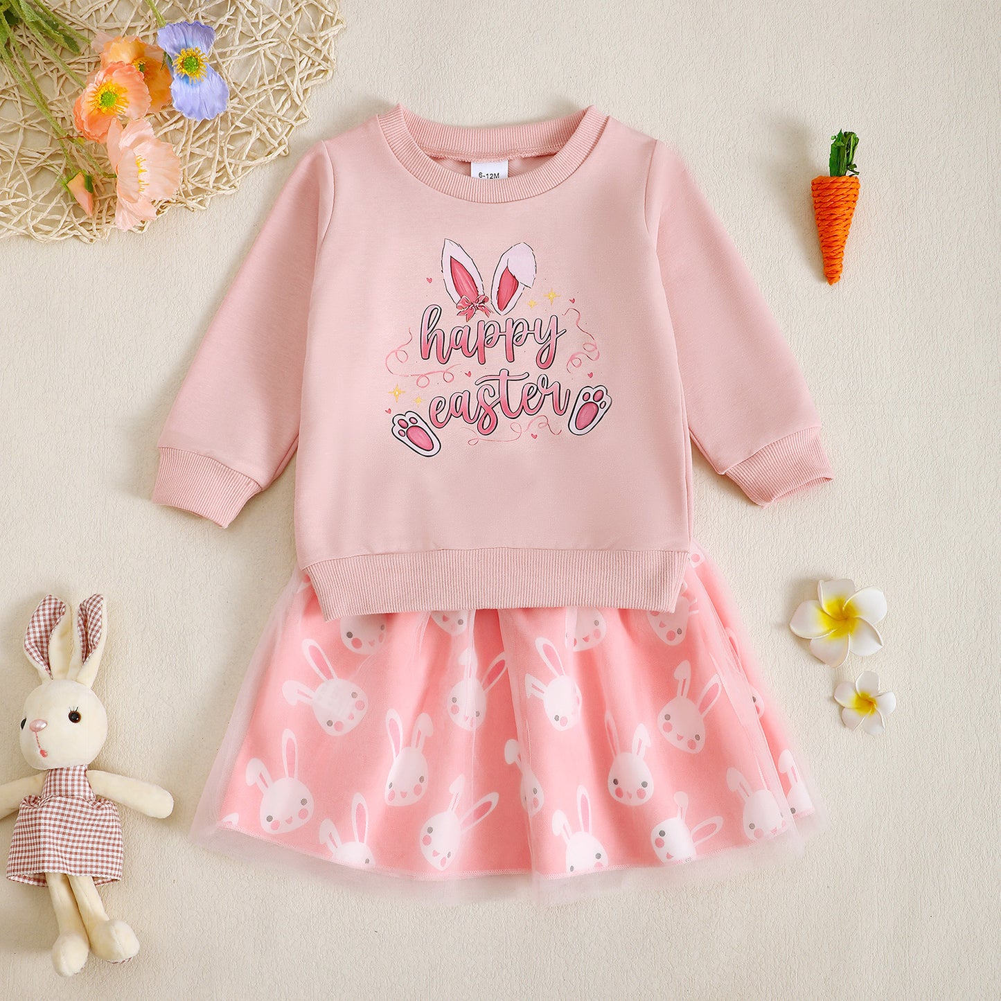 Osterhasen-Outfit für Babymädchen – Langarm-Sweatshirt mit Schleife und Karottendruck + Tüllrock-Set