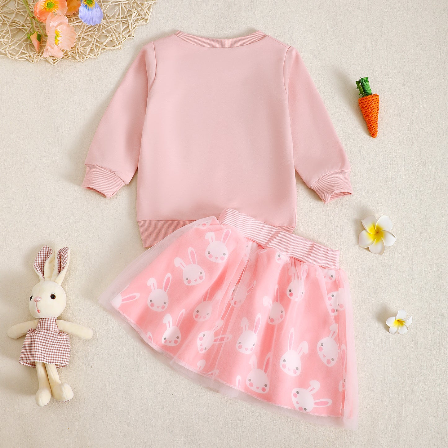 Osterhasen-Outfit für Babymädchen – Langarm-Sweatshirt mit Schleife und Karottendruck + Tüllrock-Set