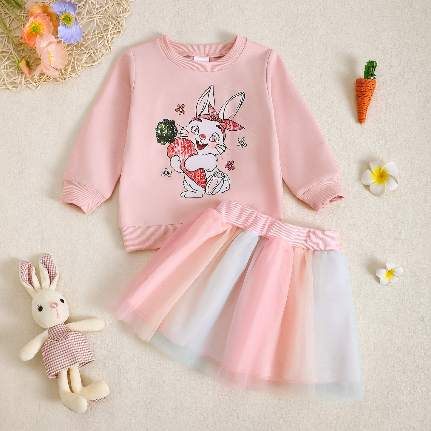 Osterhasen-Outfit für Babymädchen – Langarm-Sweatshirt mit Schleife und Karottendruck + Tüllrock-Set